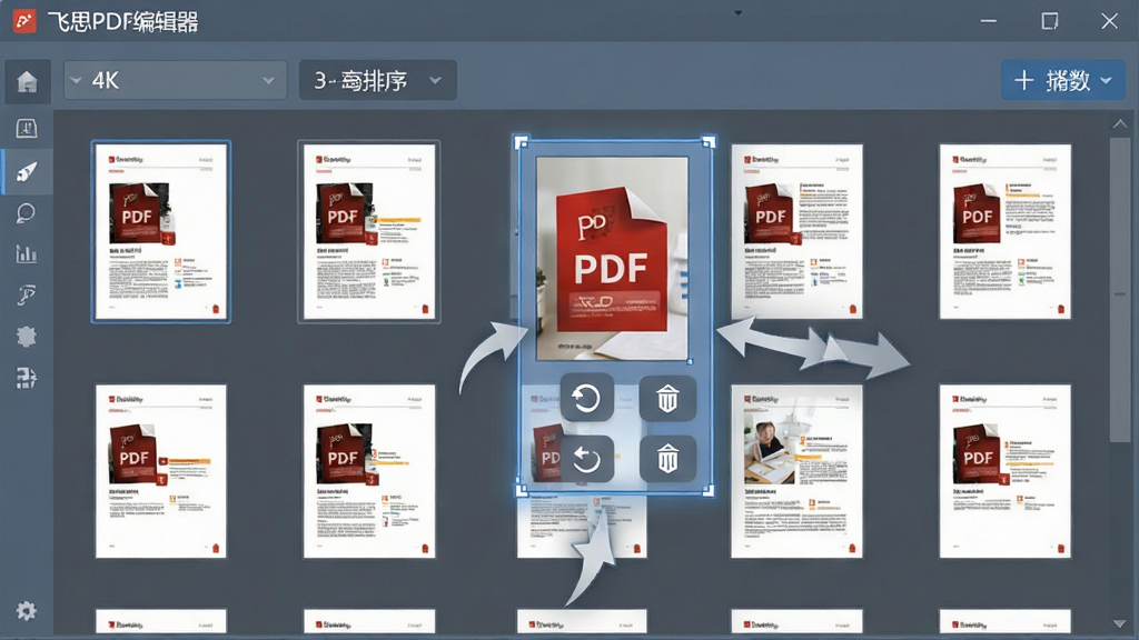 һ��չʾPDFҳ��������ܵ�ʾ��ͼ����������Ϊ����˼PDF�༭������ҳ������ͼ��壬�������ʾ��ҳ�ĵ�������ͼ������һҳ��ѡ�в���ʾ��ת��ɾ����ť���Ա�����ק�����ʾ���ͷ�����岼��������������࣬�����������ɫ�Ի���Ϊ����4K���ʣ��ɾ�����
