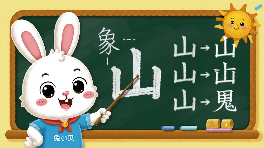 ��ͨ���ӡ���С�������Ẕ̌�ָ�źڰ��ϵĺ��֡�ɽ���������Ա���ʾ���������ֵ��ִ����ֵ��ݱ���̣����沼��Ϊ��������Ҳ�ڰ壬���Ϊ��ͯ�廭���ϸ�ڰ�����ɫ�۱ʺ�Ц��̫�������ʸ��壬�ɾ����޶���Ԫ��