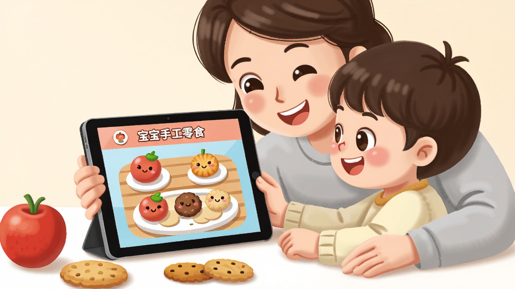 һ��չʾ��ͯ�ڼҳ������ʹ��ƽ������桰�����ֹ���ʳ������ܰ�����廭�������мҳ��ͺ���һ��Ц�ſ���Ļ����Ļ����ʾ�ſɰ�����ʳ�������棬�Ա߷���һЩ��ʵ��ˮ���ͱ��ɣ���������ů��г�����ʸ��壬�ɾ�������Ԫ��