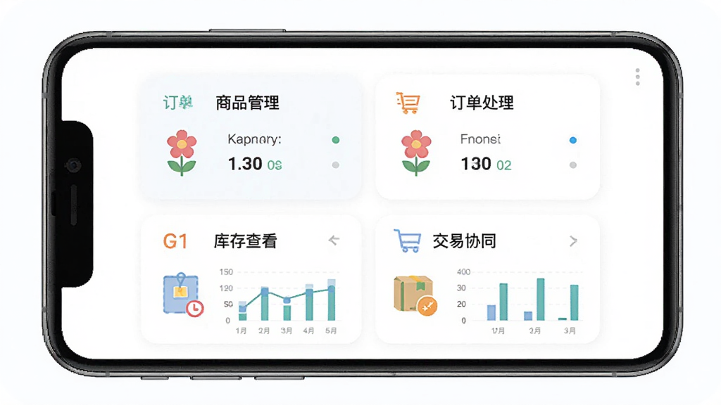�������ƶ���Ӧ�̹���ϵͳ�����棬����Ϊһ�������ֻ���Ļչʾ��Ӧ�̹�����̨��ҳ�����ְ���������Ʒ�������������������鿴������Эͬ�ĸ����ܿ�Ƭ���Ű�������У����Ϊ���¼�Լ���ƶ�Ӧ�ý��棬ϸ�ڰ����ʻ�ͼ��������ͼ�������������ɾ����޶���Ԫ��