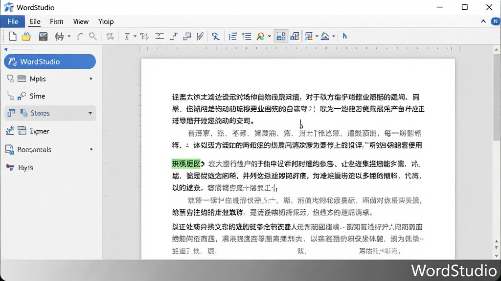 一张横版软件界面展示图,画面中央是 WordStudio 主编辑窗口,窗口内显示一段中文文档内容,左侧为功能导航栏,顶部为菜单工具栏,整体布局清晰,界面风格简洁现代,配色以浅灰和白色为主,点缀蓝色高亮按钮,屏幕右下角显示软件名称“WordStudio”,风格为写实软件截图风,细节包括光标闪烁、段落标记、工具栏图标,画质清晰,干净,无多余元素