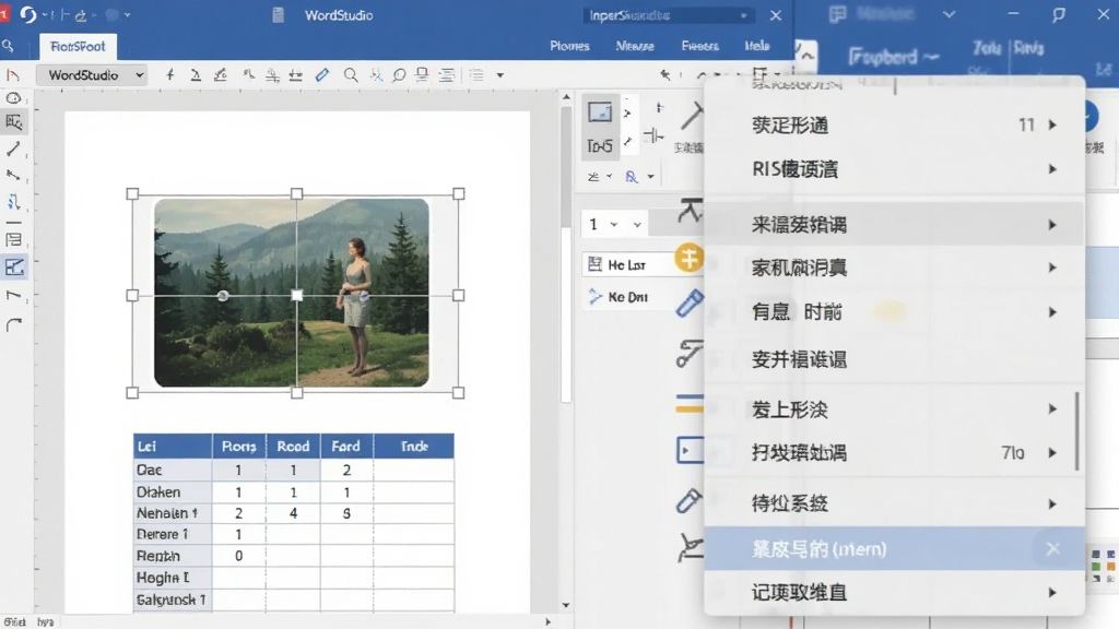 一张横版操作示意图,画面左侧是 WordStudio 编辑界面,文档中插入了一张图片和一个表格,右侧是插入菜单的局部放大展示,布局为左右分栏,风格为写实软件教学风,配色以浅色为主,细节包括图片边框控制点、表格行列线、菜单选项高亮,画质清晰,干净,无多余元素
