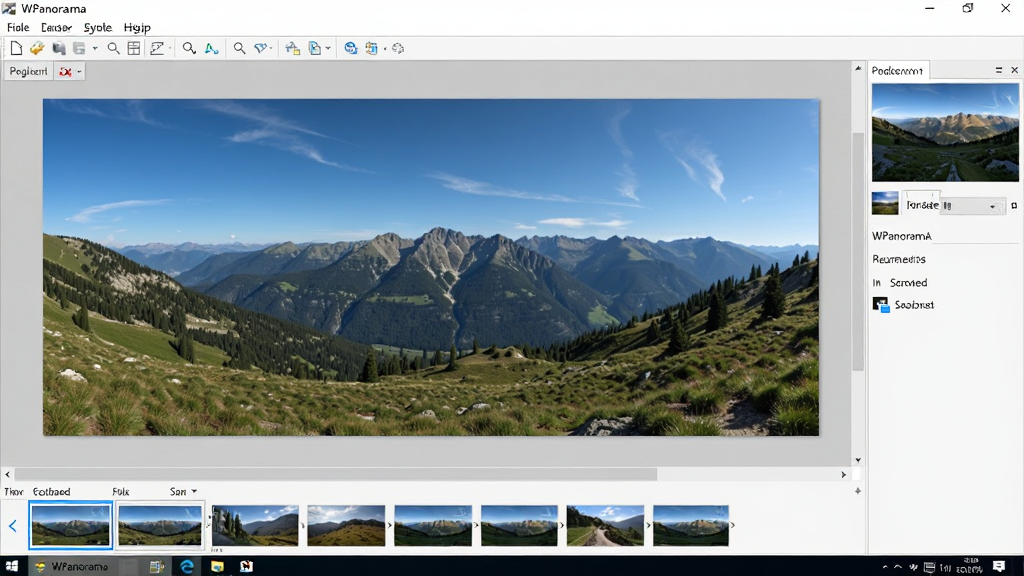WPanorama 软件主界面全景图预览效果,主体为软件窗口展示宽幅山脉全景照片,布局为居中大窗口加底部缩略图导航栏,排版简洁清晰,风格为现代 Windows 桌面应用写实风格,细节包含菜单栏、工具栏、滚动预览条和图片信息面板,画质清晰,干净,无多余元素