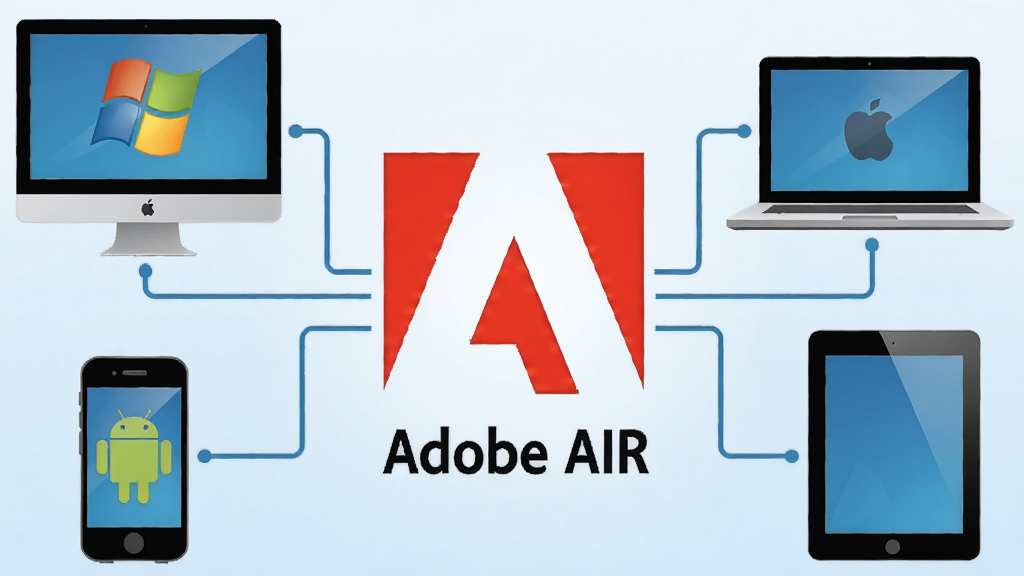 һ��չʾ Adobe AIR ��ƽ̨���л�����ʾ��ͼ������������ Adobe AIR �Ĺٷ���־����Χ������ Windows ���ԡ�Mac �ʼǱ���Android �ֻ���ƽ����豸ͼ�꣬�����߽���־����豸�����������Ǽ���ǳ��ɫ���䣬�Ű���жԳƣ����Ϊ��ƽ���Ƽ��廭��ϸ�ڰ����������豸�����������ߣ����ʸ��壬�ɾ����޶���Ԫ��