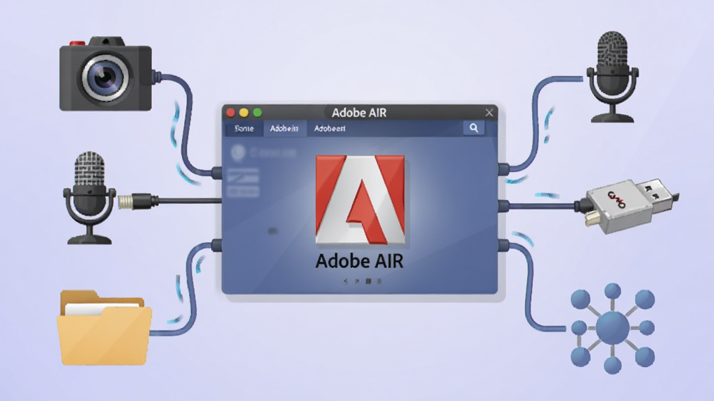 һ��չʾ Adobe AIR Ӳ�����������Ĳ廭������������һ�� Adobe AIR Ӧ�ý��棬������Χ����������߷ֱ�����������ͷ����˷硢�ļ��С�USB �豸������ͼ�꣬������ǳ��ɫ���䣬���Ϊ�Ƽ��б�ƽ�廭��ϸ�ڰ�����Ӳ��ͼ��ľ�ϸ�̻������ߵĶ�̬�У����ʸ��壬�ɾ����޶���Ԫ��