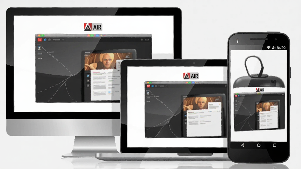 һ�ű��� Adobe AIR ��ƽ̨���и���Ĳ廭�����������һ̨ Windows ̨ʽ�����м���һ̨ MacBook �ʼǱ����Ҳ���һ�� Android �ֻ�����̨�豸��Ļ�϶���ʾ��ͬһ��Ӧ�ó�����棬���涥���� Adobe AIR ��С��ʶ����������͵�ǳ��ɫ�����Ϊ�ִ���ƽ����ƣ�ϸ�ڰ����豸�ĸ߹ⷴ�����Ļ���ݵ�һ���ԣ����ʸ��壬�ɾ����޶���Ԫ��
