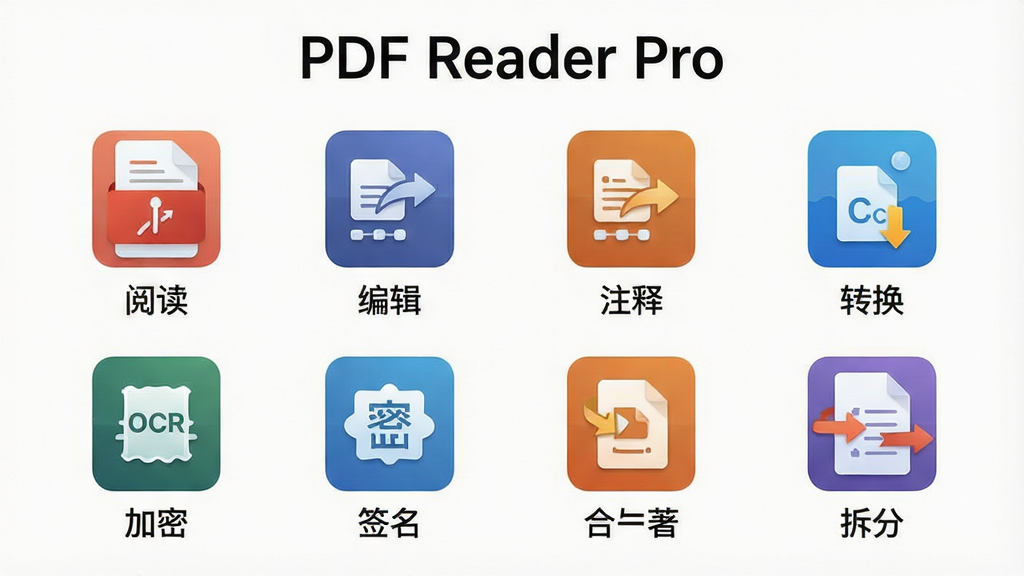 һ��չʾPDF Reader Pro���Ĺ��ܵ�ͼƬ������Ϊ��������ͼ����󣬲��ֲ������������������У�ÿ��ͼ���·����м�����ֱ�ǩ������