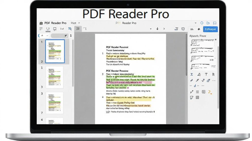 һ��չʾPDF Reader Pro���������ͼƬ������Ϊһ̨�򿪵ıʼǱ�������Ļ����Ļ����ʾPDF Reader Pro�����������棬������ĵ�����ͼ���������м���PDF�ĵ��Ķ������Ҳ���ע����༭�������������������࣬�Ű�����ִ���ƽ����Ʒ��ϸ�ڰ����˵���������ͼ�ꡢ�ĵ�ҳ�桢��ע������ǣ����ʸ��壬����ɾ����޶���Ԫ�أ���Ļ�Ϸ���