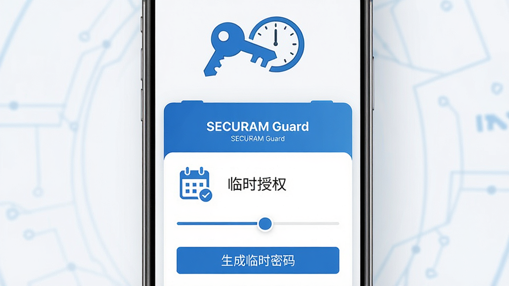 ������һ�������ֻ�����Ļ��ʾ SECURAM Guard ����ʱ��Ȩ���棬������������ͼ�ꡢʱ�们���� 