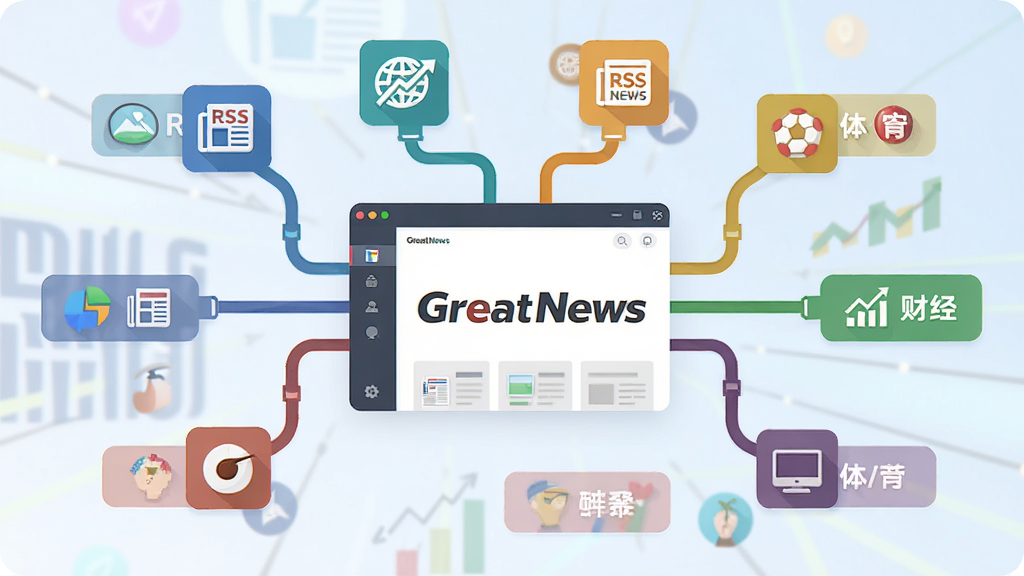 һ��չʾGreatNews��ԴRSS���ľۺϹ��ܵ�AI��ͼ�������ж����ͬ��ɫ������Դͼ��ͨ��������۵�һ�������Ķ����棬���Ľ�����ʾGreatNews�������ƣ����ܻ����ſƼ����ƾ��������ȷ����ǩ���������ƽ����ƣ�ɫ�����죬�������������ʸɾ��޶���Ԫ��