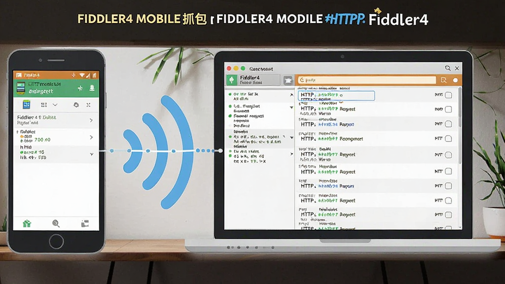 һ��չʾFiddler4�ƶ���ץ�����ܵĳ���ͼ�����������һ�������ֻ����Ҳ���һ̨�ʼǱ����ԣ�����֮���������źŲ������ӣ��ʼǱ���Ļ��Fiddler4����ʾ�������ֻ���HTTP�����б���������Ϊ��ƽ�廭�磬��ɫ�����������������ҶԳƣ�ϸ�����������ʸ��壬����ɾ����޶���Ԫ�ء�