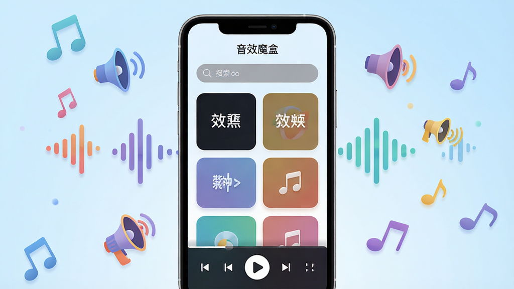 画面中央展示一部智能手机,屏幕点亮后显示“音效魔盒”应用主界面,界面排版简洁,顶部为搜索栏,中间为音效分类卡片,底部为播放控制条。手机周围环绕漂浮着多个彩色音波图标、喇叭符号和音符元素,背景为浅蓝色渐变,整体风格清新明亮,细节清晰,画质干净,无多余元素。