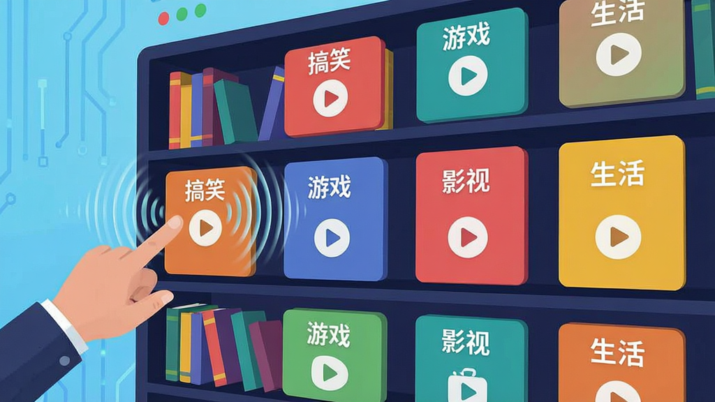 画面主体为一个巨大的虚拟音效素材库界面,以书架或卡片墙的形式排列,每个卡片上标注“搞笑”“游戏”“影视”“生活”等分类标签,卡片带有播放按钮图标。画面左侧有一只手正在点击其中一张卡片,卡片弹出音波扩散效果。整体风格偏向科技感与扁平化,色彩丰富但不过于花哨,画质干净,无多余元素。