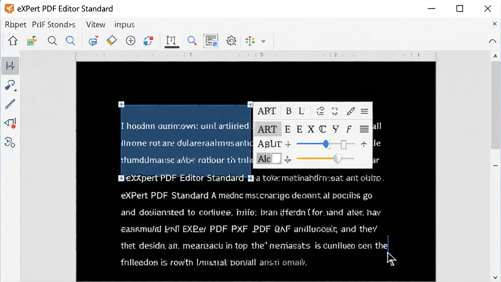 ��������չʾ eXPert PDF Editor Standard �������ڣ�������һ�� PDF �ĵ����ڱ��༭�����ֱ�ѡ�к��������������������������ڱ���Ϊǳ��ɫ������������Ϊ����������д�����Ϊ�������ϸ�ڰ���������ͼ�������������˸�ڶ���ĩβ�������������ɾ����޶���Ԫ��