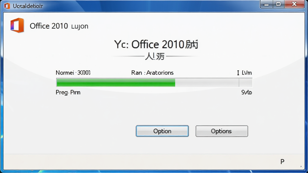 一张展示Office 2010个人版安装向导界面的图片,主体是电脑屏幕上的安装进度条与选项按钮,布局采用居中排版,风格为清晰软件截图风,细节包括进度条显示正常、按钮文字清晰、背景为浅色,画质高清干净无多余元素,画面中不出现无关文字