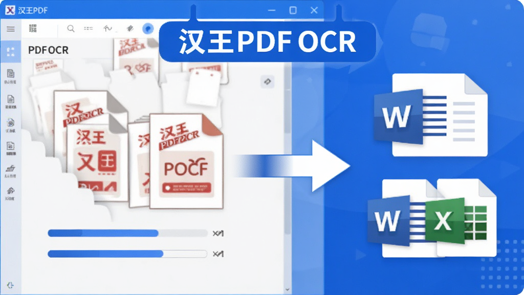 汉王PDF OCR批量处理功能展示,画面中多个PDF文件图标排列进入软件处理队列,右侧显示识别完成后的Word和Excel文件图标,中间有箭头表示转换流程,整体风格为扁平化科技插画,配色以蓝色和白色为主,画面中带有“汉王PDF OCR”文字标签,细节包括文件缩略图、进度条、格式图标,画质清晰,干净,无多余元素