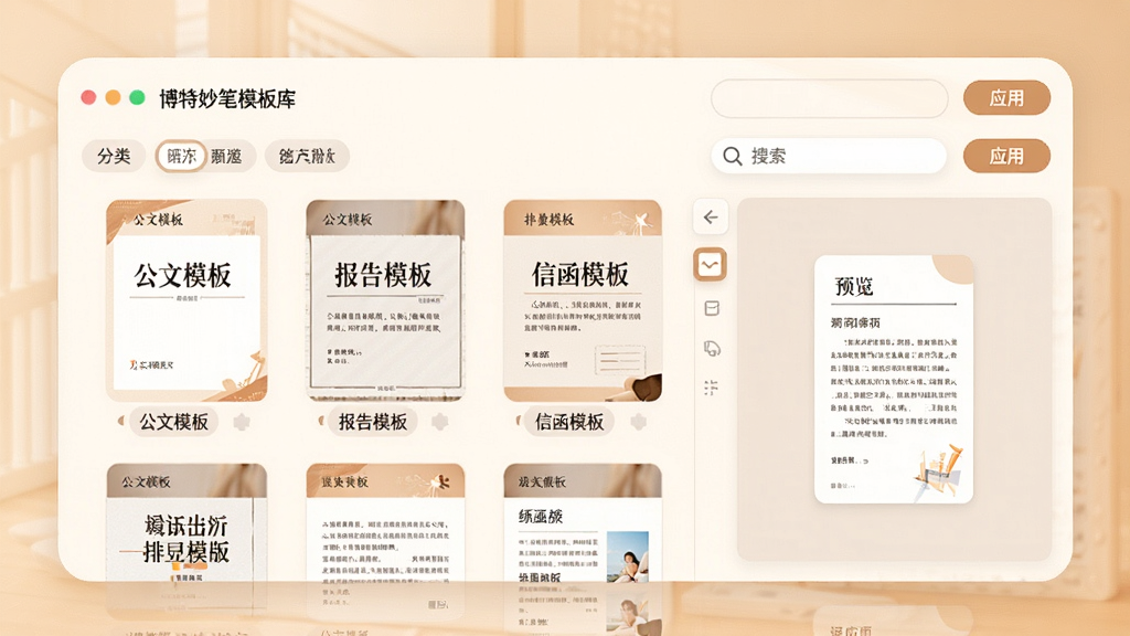 一幅展示博特妙笔模板库与排版功能的图片,画面中软件界面显示多个模板缩略图,包括