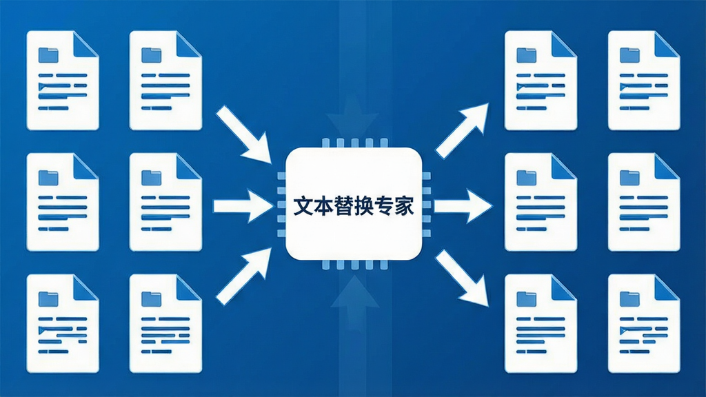 一幅展示批量文件处理的示意图,画面中多个文档图标整齐排列,箭头指向一个中央处理引擎,引擎上标注