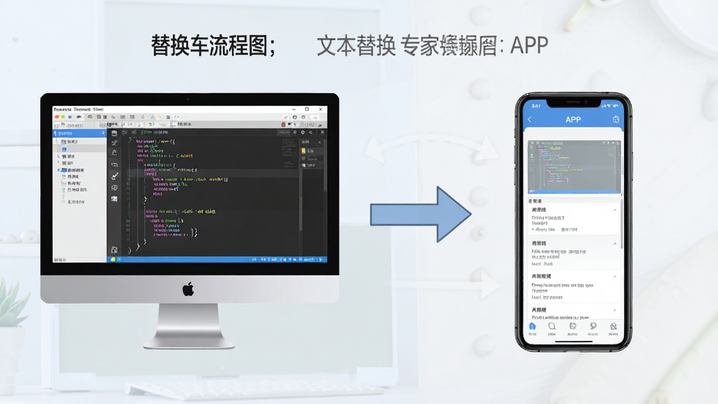 一张展示文本替换专家操作流程的示意图,画面分为左右两部分,左侧为电脑端软件界面,右侧为手机端APP界面,中间用箭头连接,整体风格简洁清晰,浅色背景,画质干净,无多余元素
