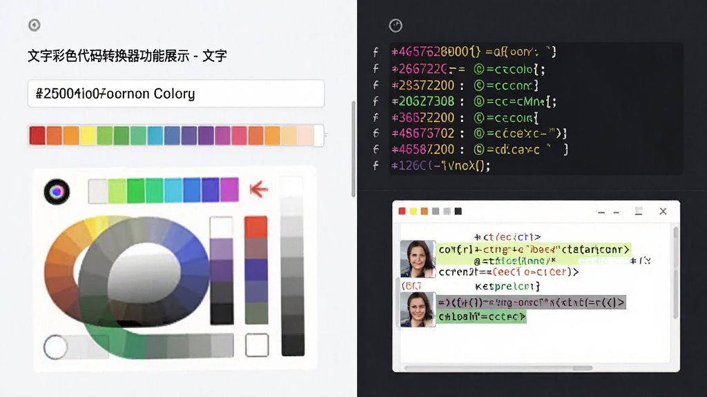 文字彩色代码转换器功能展示图,主体是软件界面中从文字输入到颜色选择再到代码生成的流程示意,布局采用左右分栏,左侧为文字输入区和调色盘,右侧为生成的彩色代码和预览效果,风格为简洁商务风,细节包括十六进制色值显示、渐变色彩条和代码高亮,画质清晰干净,无多余元素