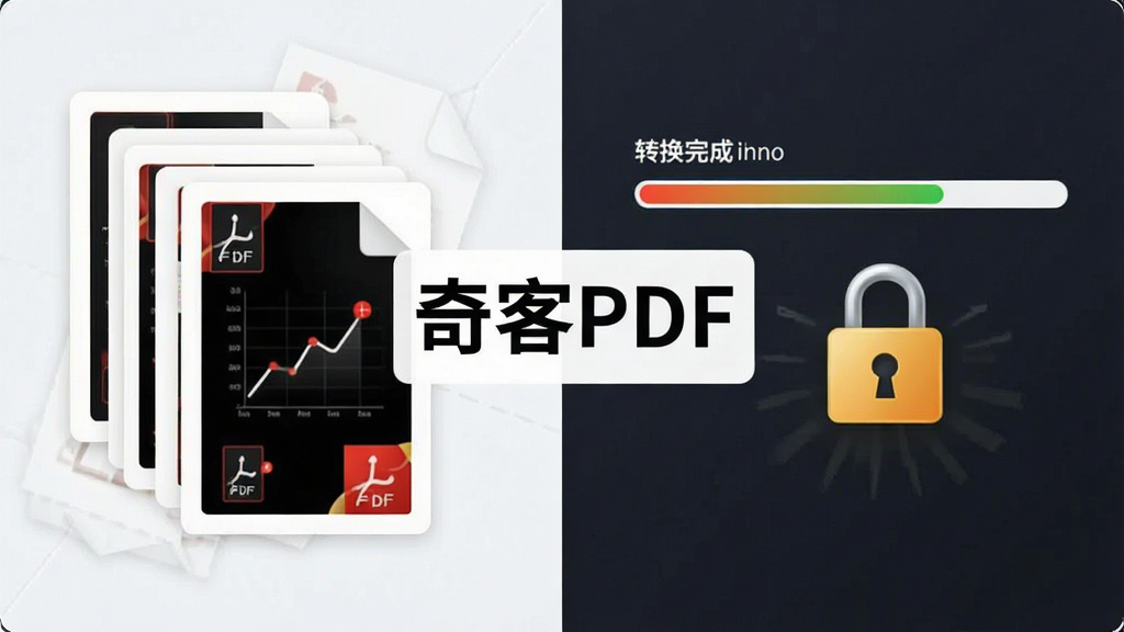 一张展示奇客PDF批量处理与安全保护功能的图片,画面左侧是多个PDF文件堆叠排列,右侧是转换完成的进度条与安全锁图标,中央显示