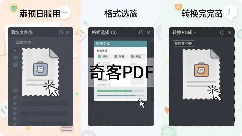 一张展示奇客PDF使用步骤的图片,画面分为三个区域,左侧为添加文件界面,中间为格式选择界面,右侧为转换完成界面,每个区域标注简要文字说明,中央显示