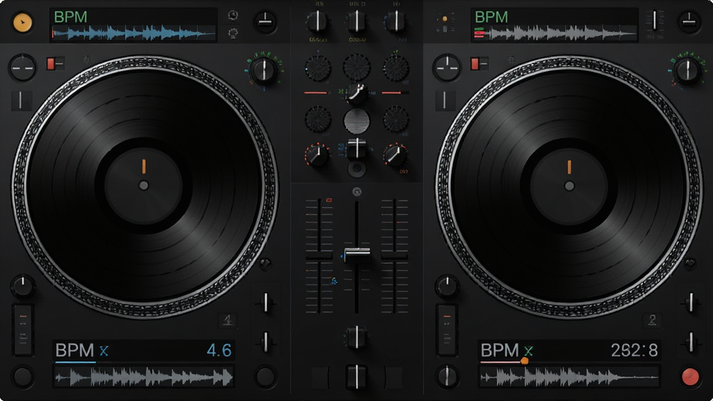 DJ��ʦ˫ת�̻���������д������Ϊ����������Բ��ת�̲�����ʾ���������ҶԳƣ��Ű�ͻ��ת��������������ӣ����Ϊ��ɫ�Ƽ��磬ϸ�ڰ�����ת�еĳ�Ƭ���������ν�������BPM��ֵ��ʾ�����ʸ��壬�ɾ����޶���Ԫ��