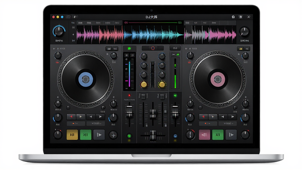 DJ��ʦ��������ȫòչʾ������Ϊһ̨�ʼǱ�������Ļ����Ļ����ʾDJ��ʦ�����������棬����˫ת�̻���̨������ͼ����Ч��ť��Ԫ�أ����־��У��Ű����������Ϊ�ִ��Ƽ��У�ϸ�ڰ�����ť�����ӡ���ɫ���Ρ�LEDָʾ�ƣ����ʸ��壬�ɾ����޶���Ԫ��