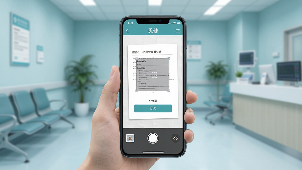 ����չʾһ���ֻ���������һ��ֽ�ʼ�鱨�浥���ֻ���Ļ����ʾ���ٽ���App�ı��浥�ϴ����棬�вü���ͷ���ѡ�������ҽԺ�������ļ򻯳�����ɫ��ƫ�䵫��͡����Ϊ������ʾ��ͼƬ��ϸ�����������ʸ��壬�ɾ��޶���Ԫ�ء�