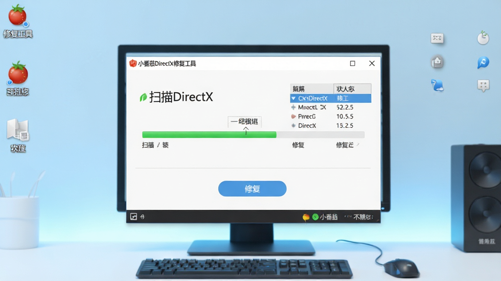 һ�Ÿɾ����ĵ������泡�������������ǡ�С����DirectX�޸����ߡ����������棬������ʾ����ɨ��DirectX��������������޸���ť�����ɼ�������Ϊ����ɫ���䣬��������ˬ�Ƽ��У�ϸ�ڰ�������ͼ�ꡢɨ���б���״̬��ʾ�����ʸ��壬�ɾ��޶���Ԫ��