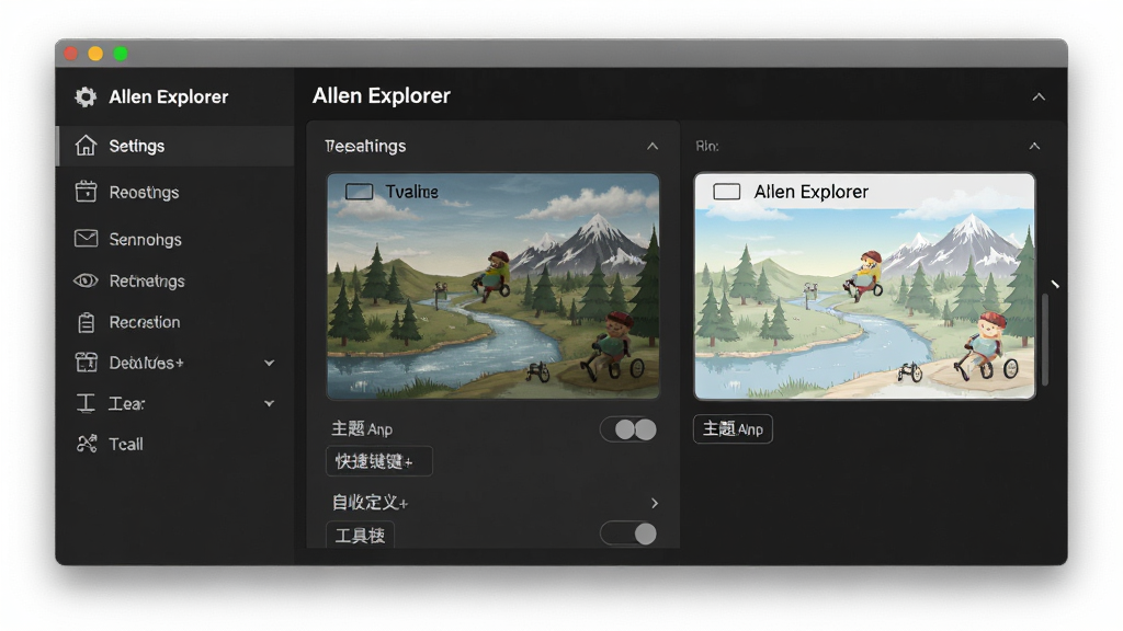 Allen Explorer 设置界面,显示主题切换、快捷键自定义、工具栏配置选项,左侧导航菜单,右侧详细设置面板,深色与浅色主题对比预览,界面整洁,画质细腻,无多余元素