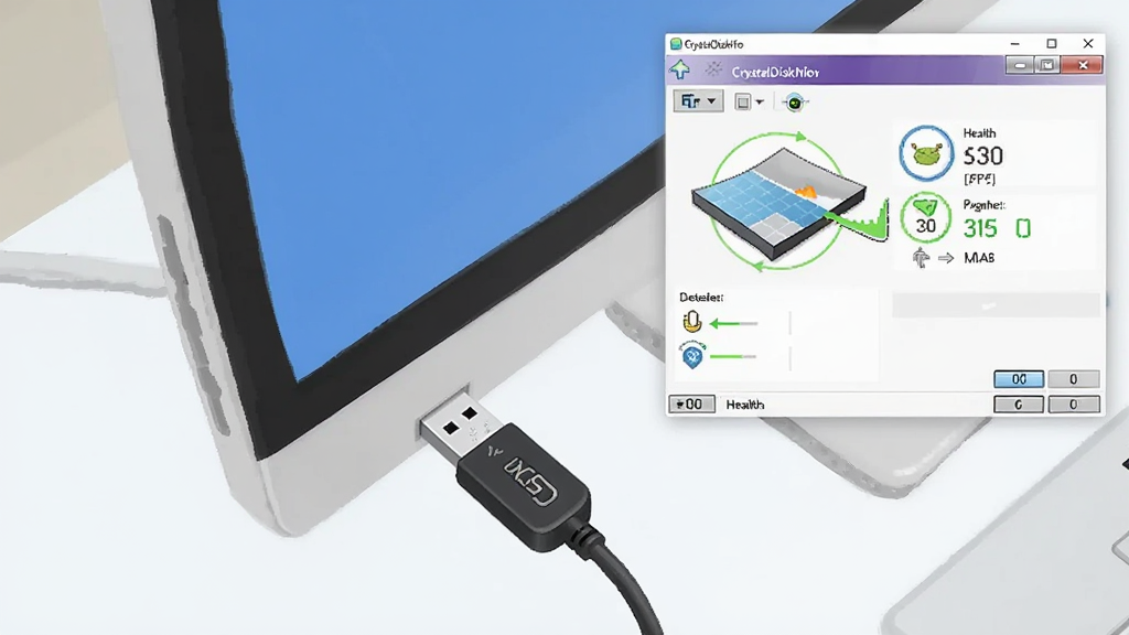 ����չʾһ�� U �̲������ USB �ӿڣ�������Ļ����ʾ CrystalDiskInfo ��Я���Ѿ��򿪲����ڼ��Ӳ�̣����ֲ������泡�������ӽǣ����Ϊ�����������廭��ϸ�ڰ��� U �̡�������Ļ�����������뽡������ͼ�꣬��������������ɾ����޶���Ԫ��