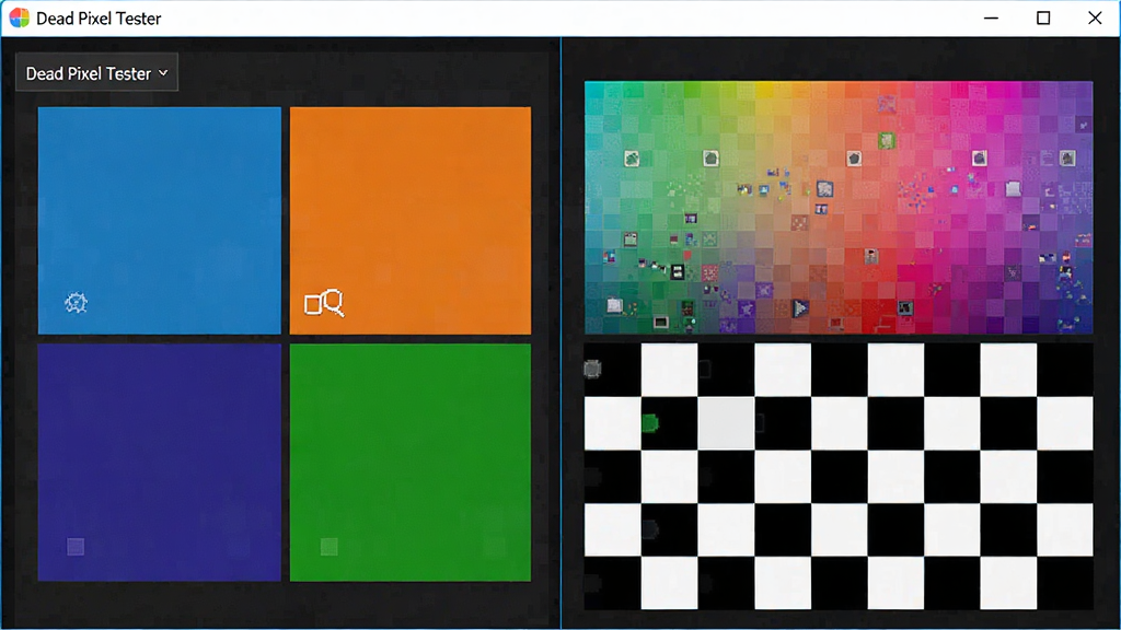 һ����������չʾͼ������Ϊ Dead Pixel Tester ���棬���ַ�Ϊ���������֣����չʾ��ɫ�л���壬�Ҳ���ʾ��������̸����ͼ�����Ű����룬���Ƽ��У�ϸ��ͻ���������񣬻����������ɾ�������