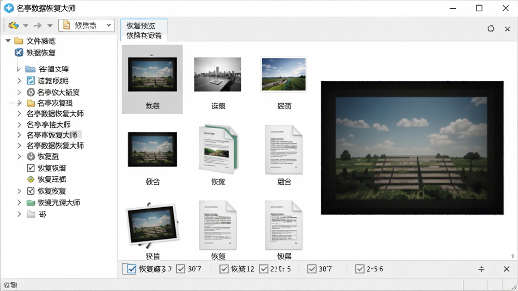 名亭数据恢复大师文件预览界面,主体为软件窗口内展示图片与文档缩略图列表,布局采用左侧目录树加右侧预览区,排版整齐有序,风格为浅色商务风,细节包含文件类型图标、预览窗口、恢复勾选框与文件大小信息,画质高清干净无多余元素