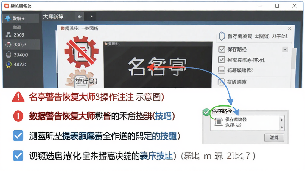 名亭数据恢复大师新手操作注意事项示意图,主体为软件界面与提示文字组合,布局采用上下结构上方为软件截图下方为要点列表,排版突出红色警告与蓝色技巧提示,风格为教程说明风,细节包含禁止写入图标、保存路径选择示意与勾选标记,画质清晰干净无多余元素