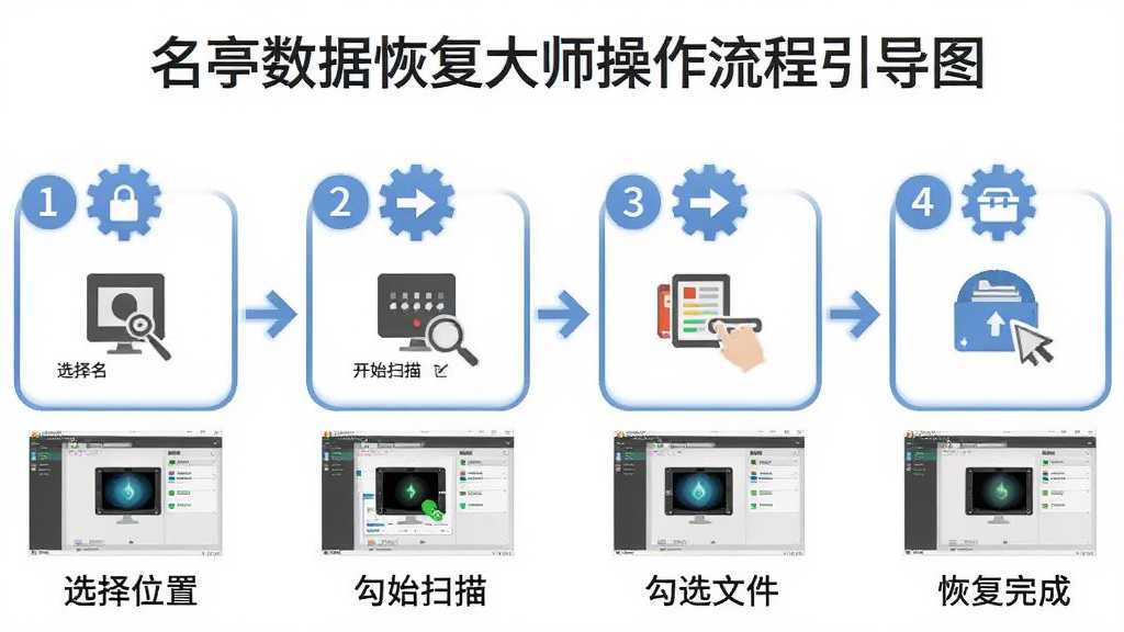 名亭数据恢复大师操作流程引导图,主体为四步操作示意图,布局采用从左到右的流程排列,排版包含选择位置、开始扫描、勾选文件、恢复完成四个节点,风格为简洁图标风,细节包含箭头连接、步骤编号与软件界面缩略图,画质清晰干净无多余元素