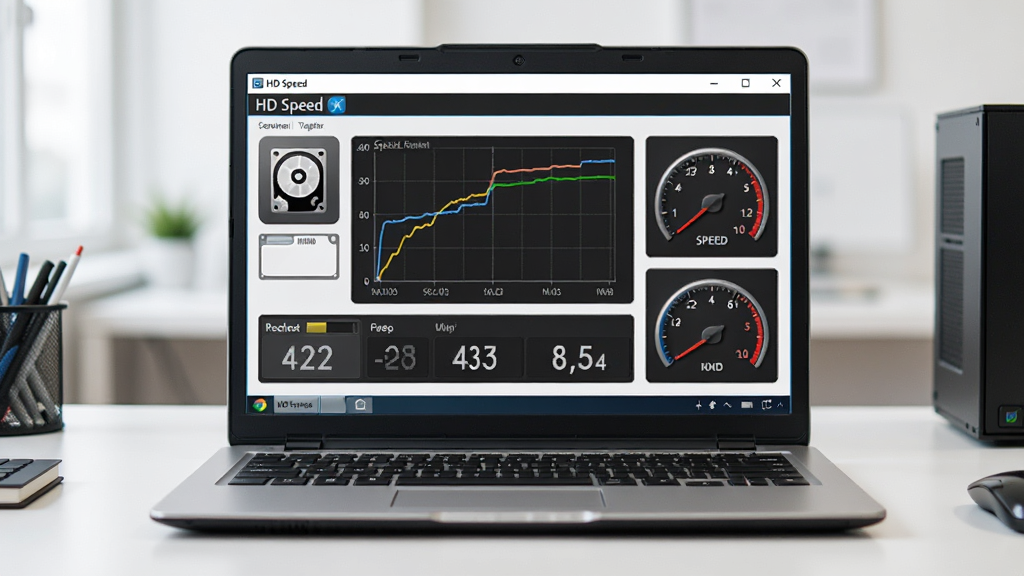 һ��չ�ֵ���Ӳ����ⳡ����ͼƬ������������һ̨�򿪵ıʼǱ����ԣ���Ļ����ʾ�� HD Speed �������棬���������������ٶ�����ͼ�����ֶ���������������İ칫���棬���־��У����Ϊдʵ�Ƽ��磬ϸ�ڰ���Ӳ��ͼ�ꡢ�ٶ��Ǳ��̵�Ԫ�أ������������ɾ����޶���Ԫ��