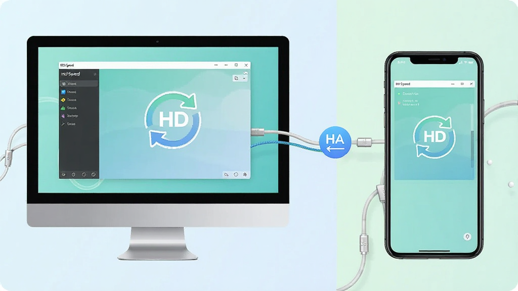 һ��չʾ HD Speed �����ڵ��Ժ��ֻ�˫�����еĶԱ�ͼƬ���������Ϊ������Ļ��ʾ�������棬�Ҳ�Ϊ�ֻ���Ļ��ʾ��ͬ����������Ϊ���ҷ��������Ϊ����ǳɫ��ϸ�ڰ��������ߡ�����ͬ��ͼ�꣬�����������ɾ����޶���Ԫ��