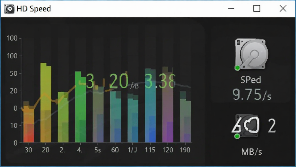 һ��չʾ HD Speed �������ٽ����ͼƬ������Ϊ�������ڣ���������ʾ�Ų�ɫ��״ͼ���ٶ���ֵ������Ϊ������д�����Ϊ���Ƽ��У�ϸ�ڰ���Ӳ��ͼ�ꡢ�ٶȵ�λ MB/s �����������������ɾ����޶���Ԫ��