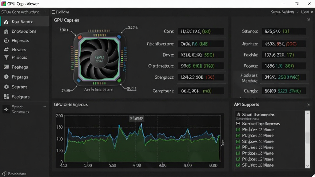 GPU Caps Viewer �Կ���⹤�������棬չʾ�Կ��ͺš����Ĳ����������汾���¶ȼ�����Ϣ��������ͼ������Ϊ��ർ�������Ҳ�������壬���Ϊ�Ƽ�����ɫ���⣬ϸ�ڰ���GPU���ļܹ�ͼʾ���Դ�ռ�����ߡ�API֧���б������������ɾ����޶���Ԫ��