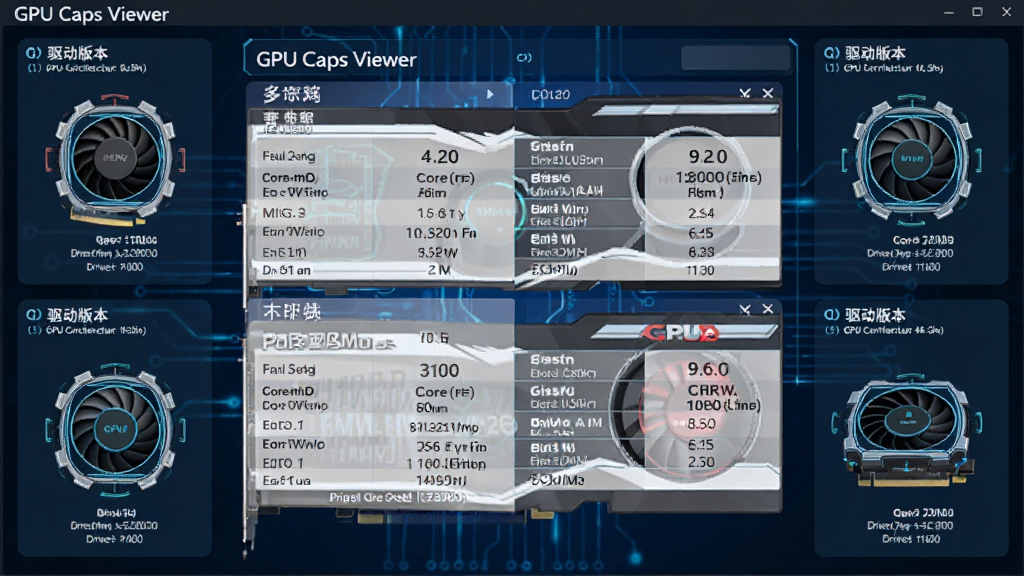 GPU Caps Viewer ���Կ���Ϣʶ����棬��������չʾ���鲻ͬ�ͺ��Կ�����ϸ�����Աȱ�����Χ����GPU���ļܹ�ʾ��ͼ�������汾��Ϣ��Ƭ�����Ϊ����ɫ�Ƽ��У����������ֲ㣬ϸ�ڰ����Դ��������֡�����Ƶ����ֵ���������ڱ�ע�����ʸ���ɾ����޶���Ԫ��