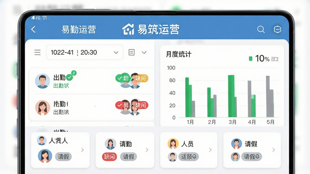 ��������Ϊ������ӪAPP�Ŀ��ڹ���ҳ�棬��Ļ����ʾ��Ա�б�������״̬ͼ����¶�ͳ����״ͼ�����ֲ������½ṹ���Ϸ�Ϊ����ѡ���·�Ϊ��Ա��Ƭ���Ű����룬�����С�������Ӫ����ʶ�����Ϊ���±�ƽ�磬ϸ�ڰ�����ɫ���ڱ�ǡ���ɫȱ�ڱ�ǡ���ɫ��ٱ�ǣ����ʸ��壬�ɾ����޶���Ԫ�ء�