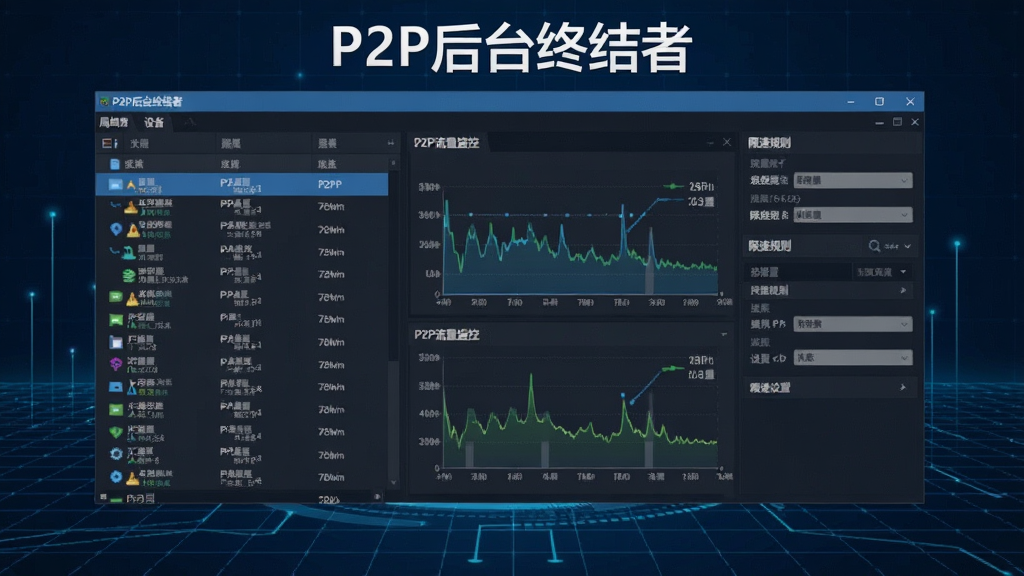 画面中央是P2P后台终结者软件主界面,左侧显示局域网设备列表,右侧展示P2P流量监控图表和限速规则设置面板,背景是深蓝色科技感网格,整体风格简洁专业,屏幕上有“P2P后台终结者”文字标识,画质清晰干净,无多余元素