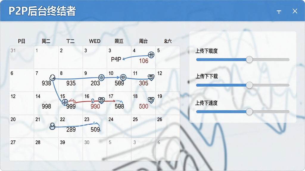 画面展示P2P后台终结者的限速策略设置界面,日历上标注了不同时间段的限速数值,旁边有滑块调节上传下载速度,界面以浅灰色和蓝色为主,风格简洁商务,包含“P2P后台终结者”文字,画质清晰干净,无多余元素