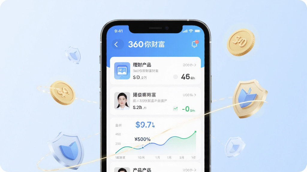 һ��չ��360��Ƹ�APP���������ֻ�����ͼ���ֻ���Ļ����ʾ���Ʋ�Ʒ���б������������ߣ�����Ϊ����ɫ���䣬������������ֻ�ģ�ͣ���Χ���ƽ�������ͼ�꣬���������ִ���ϸ�����������ʸɾ����޶���Ԫ�أ�ͼƬ�����ֱ�ע