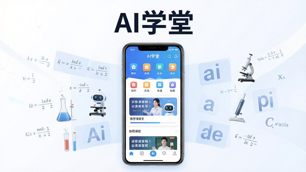 AIѧ������������ȫòչʾ������Ϊһ�������ֻ����з��ã���Ļ�ڳ���AIѧ��Ӧ����ҳ������ѧ�Ʒ���ͼ�ꡢ�Ƽ��γ̿�Ƭ�͵ײ������������ֲ��þ��жԳƹ�ͼ���ֻ�����Ư����ѧ��ʽ������ʵ�����ߡ�Ӣ����ĸ�Ȱ�͸��Ԫ�أ��Ű����������Ϸ����״�д��