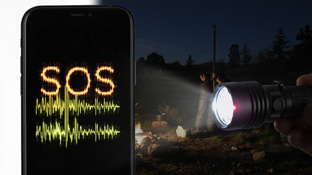 �����ֵ�ͲSOS����ź�ģʽչʾͼ������Ϊ�ֻ���Ļ��ʾSOS Morse code��˸���Σ��ֻ���������ڷ�������⣬������ҹ����Ұ�⻷�������Ϊдʵ���ϸ�ڷḻ�������������ɾ��޶���Ԫ��