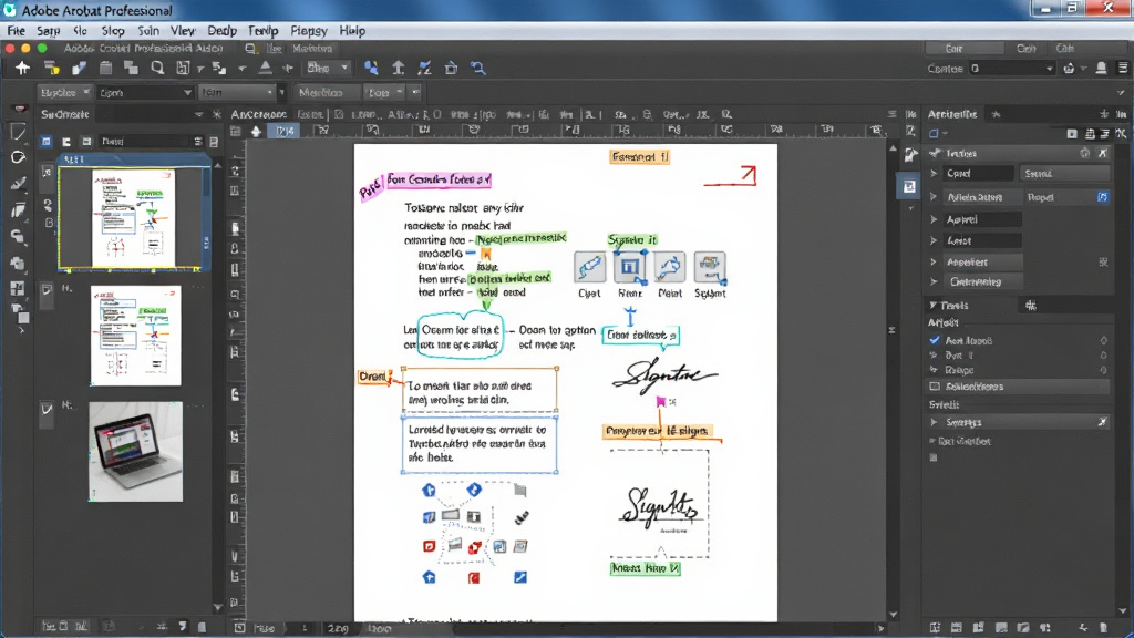 Adobe Acrobat Professional ��������ȫòչʾ������Ϊ������Ļ�д򿪵�PDF�ĵ��༭���ڣ����ְ��������˵������������ͼ��塢�����ĵ��༭�����Ҳ๤�����������Ű��������������Ϊ�ִ��칫�Ƽ��磬ϸ�ڰ�����ɫ��ע���ı���ǩ������ͼ�꣬���ʸ���ɾ����޶���Ԫ��