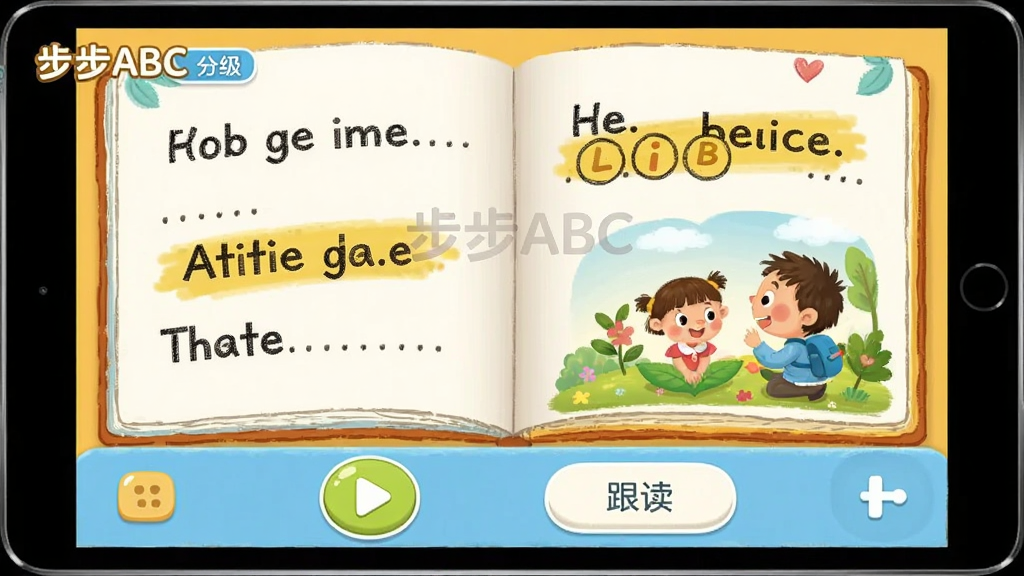 ����ABC�ּ��Ķ����棬���ӻ汾̯����ʾӢ�ľ��ӺͲ�ͼ���ײ��в��Ű�ť�͸�����ť������Ϊ���½ṹ�Ϸ��汾�·������������Ϊ��ů�ֻ�磬ϸ�ڰ���������ABC��ˮӡ���ּ���ǩ���������ӣ����ʸ��壬�ɾ��޶���Ԫ��