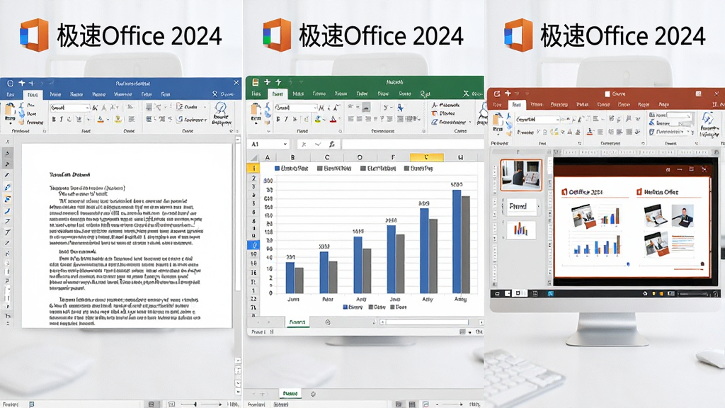 һ��չʾ����Office 2024����һ�칫ģ��ĺϳ�ͼ�����汻��Ϊ����������������������ĵ��༭���棬�м��ǵ��ӱ�������״ͼ���Ҳ��ǻõ�Ƭ�༭���ӳԤ�����������򶥲���ͳһ�ļ���Office 2024��־�������Ǽ��İ�ɫ�칫���棬���Ϊ�ִ�����磬ϸ�ڰ�����ģ��Ĺ��������˵���״̬�������ʸ��壬����ɾ����޶���Ԫ��